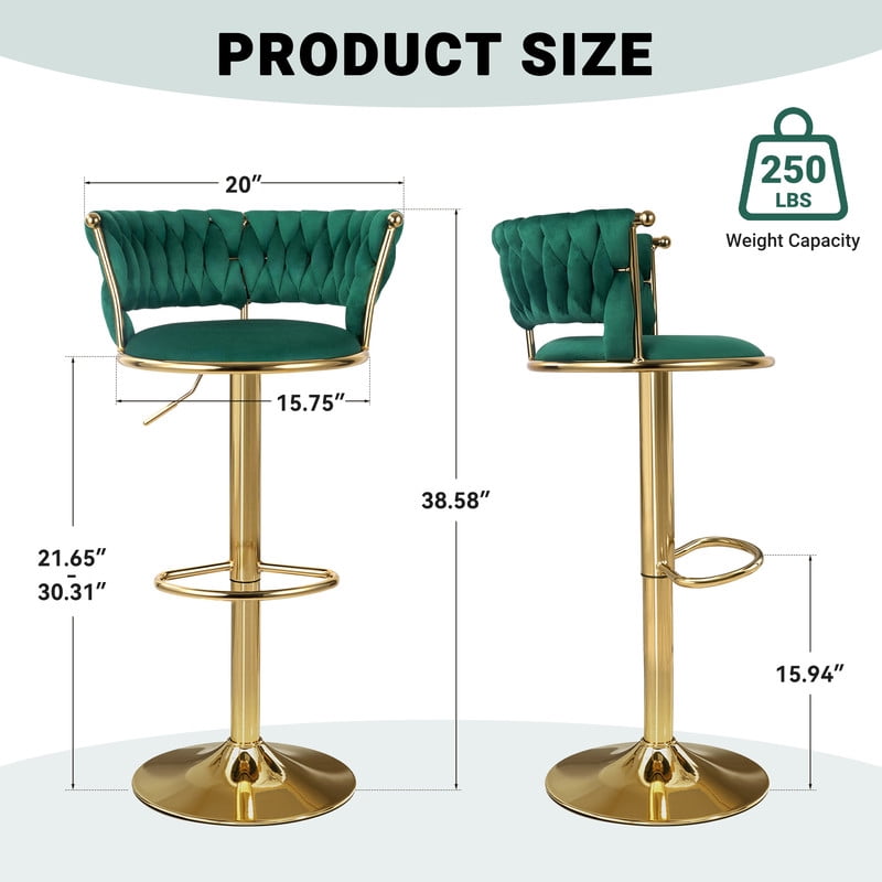 Daluvenix Velvet Bar Stools Set of 2, Counter Height Barstools with Low Back, Gold 360° Swivel Bar Stool ,Counter Height Bar Chairs for Kitchen Island, Pub, Green