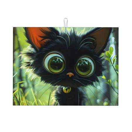 

Ocsxa Cute Big-Eyed Black Cat Dish Drying Mat for Kitchen Counter Coffee Bar Coffee Station Accessories Absorbent Coffee Mat Kitchen Drying Mat Easy Clean 18x24 Inch