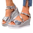 thumbnail image 6 of Shiny Metallic Platform Wedge Sandals for Women 2026 Summer Trendy Pu Leather Open Toe Ankle Strap Dressy Sandals, 6 of 9
