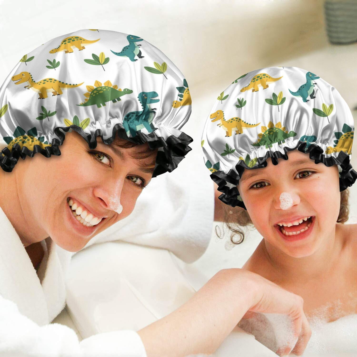 Shower Caps,White Dinosaurs Leaves Pattern Waterproof Shower Cap for Women 4 Pieces,Double Reusable Hair Cover for Shower PEVA Elastic Stretch Hem