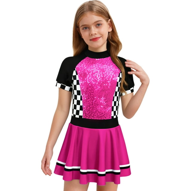 Jhaoyu Enfants Filles Pilote de Course F1 Ouverture Uniforme de Cheerleading Paillettes Manches Courtes Justaucorps Robe Rose Vif 12