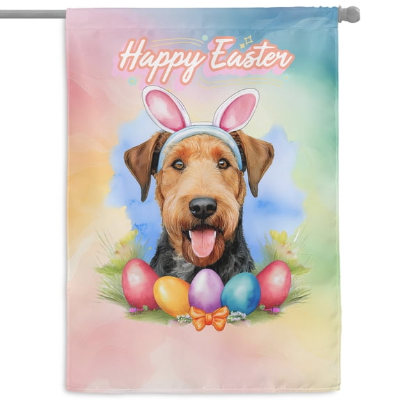 Happy Easter Airedale Terrier with Bunny Ear Headband and Flowers House Flag 28x40in Double Sided Dale Waterside Dog Lover Outdoor Decor - 13001