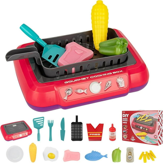 Jindong 20PC Gourmet Cooking Box Toy Simulation Cooking Toy Pretend Play Gourmet Cooking Box Water Fryer Food Cooking Box Play Food Grill with Cooking Utensils Sets Light