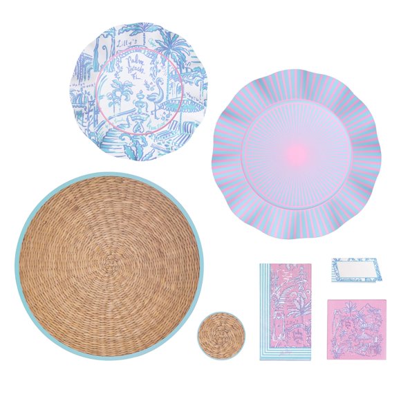 Lilly Pulitzer Party Supplies for 8 People, Pool/Dinner Party Decorations, Table Settings for Summer with Plates, Placemats, Napkins, Coasters (Palm Beach Playground)