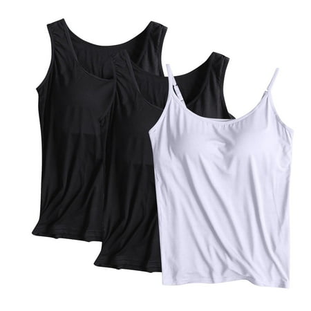 Wyobmus 3 Pack Women s Tank Tops 2 Piece Sleeveless Chest Pad Top Basic Layering Tanks Undershirt With Spaghetti Strap Camisole A-White