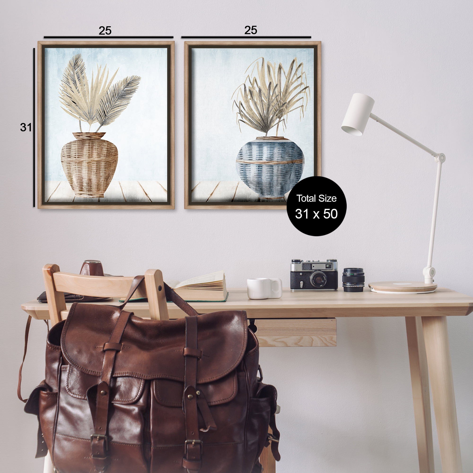 Stupell Industries Palms in Rattan Planters Floral & Botanical Painting Brown Floater Framed Canvas Art Print Wall Art, 31 x 25, Set of 2