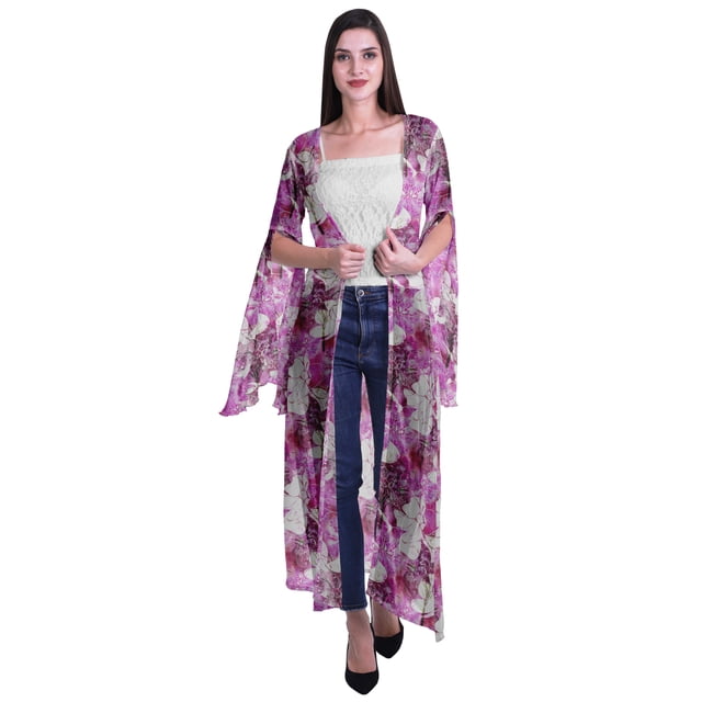 Moomaya Cardigan Long en Georgette de Viscose Imprimée à Manches Fendues pour Femmes