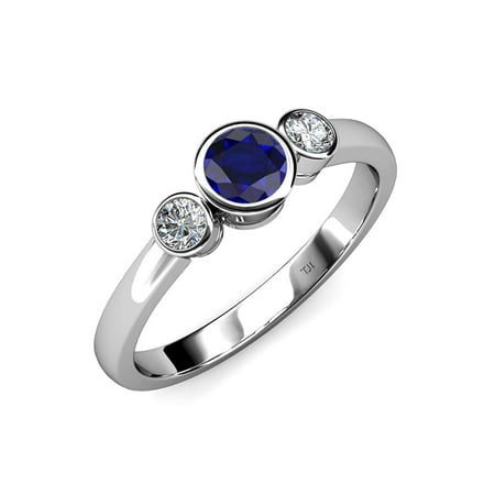 

Blue Sapphire and Diamond (SI2-I1 G-H) Three Stone Ring 1.03 ct tw in 14K White Gold.size 6.5