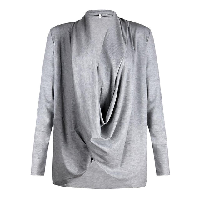 Tops con cuello en V drapeados y hundidos en la parte delantera de manga larga para mujer Gris l jinwen Camisa de cuello irregular