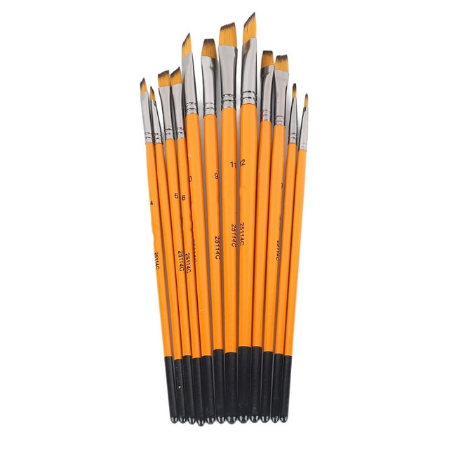 12 pinceles acrílicos de nailon alisadores con mango de madera y virola de metal, ideales para manualidades y artistas, con mango naranja y punta oblicua.