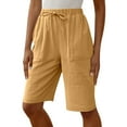 thumbnail image 2 of Bermuda Shorts for Women Knee Length Cotton Linen Elastic Waist Straight Leg Relaxed Fit Casual Shorts with Pockets, 2 of 7