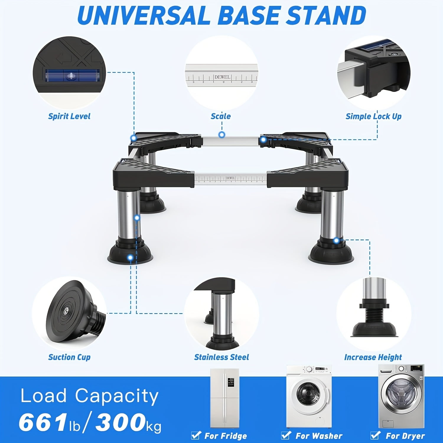 Mini Fridge Stand-Increase Height 0.58-0.71 Feet Adjustable Washer and Dryer Stand with 4 Heavy Duty Feet Universal Refrigerator Stand for Home 1.46-1.87 Feet Appliance- Load Capacity 661lb/300KG
