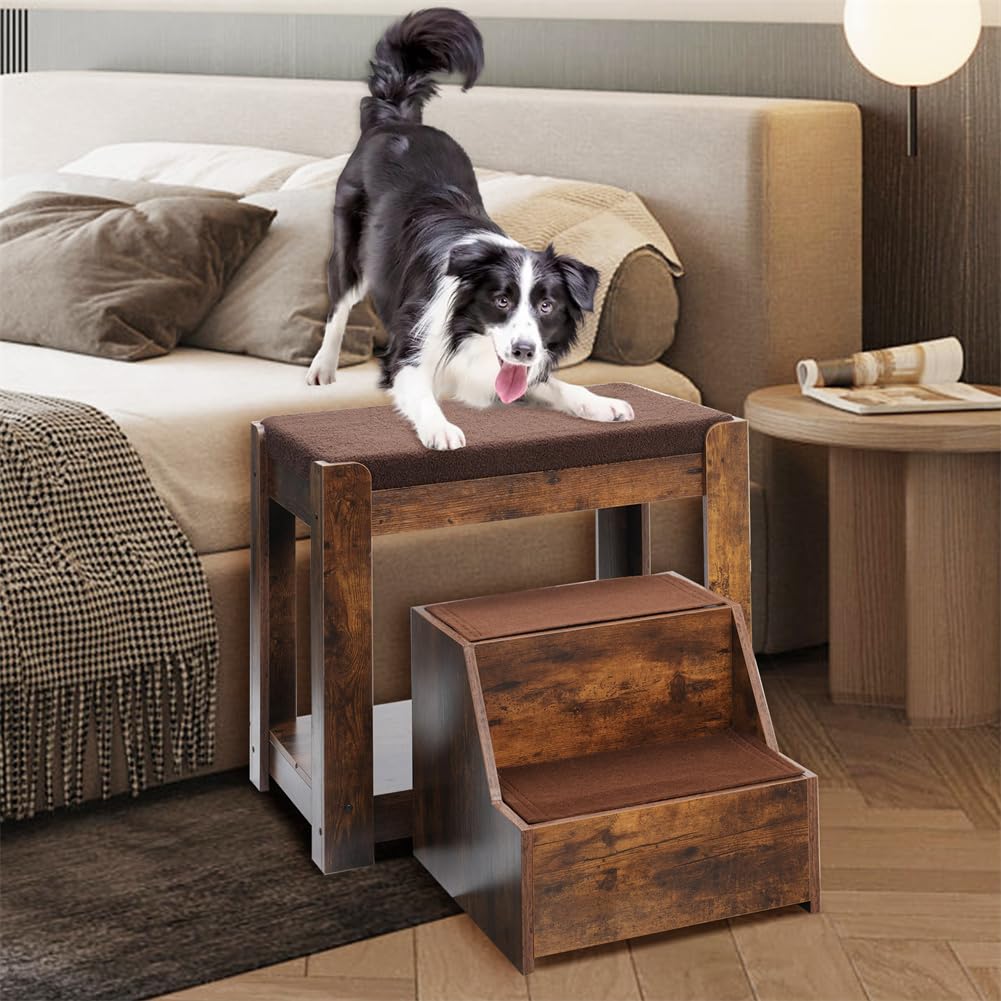 Amkui Pet Bunk Bed with Removable Stairs, Dog Cat Window Perch for High Beds &Couches, 3 Step Dog Window Seat Soft Cushion, Sturdy Bedside Elevated Dog Bed