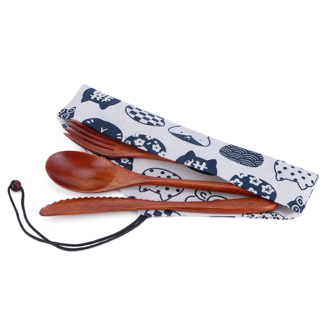 Juego de cubiertos de madera portátil, cuchara, tenedor, cuchillo, cubiertos de madera, vajilla con bolsa
