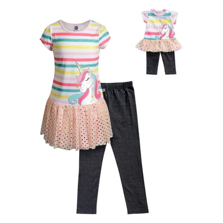 Rainbow Unicorn Top & Legging, 2-Piece Outfit Set With Matching Doll Set (Little Girls & Big