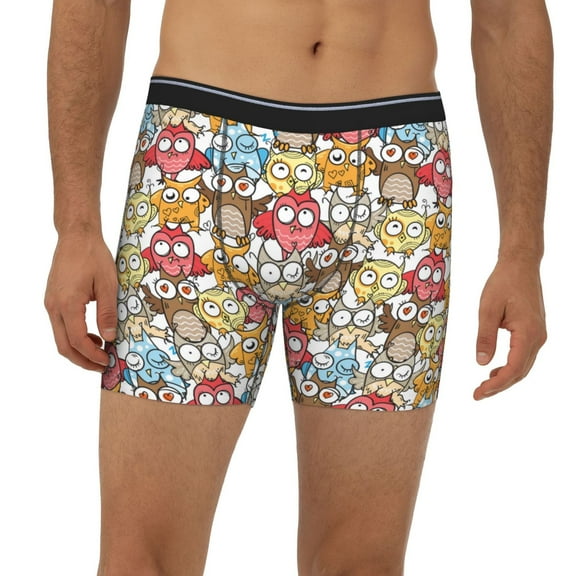 Mens Extended Length Boxer Briefs - Cartoon Owls 1 Underwear Boxer Briefs with Elastic Band