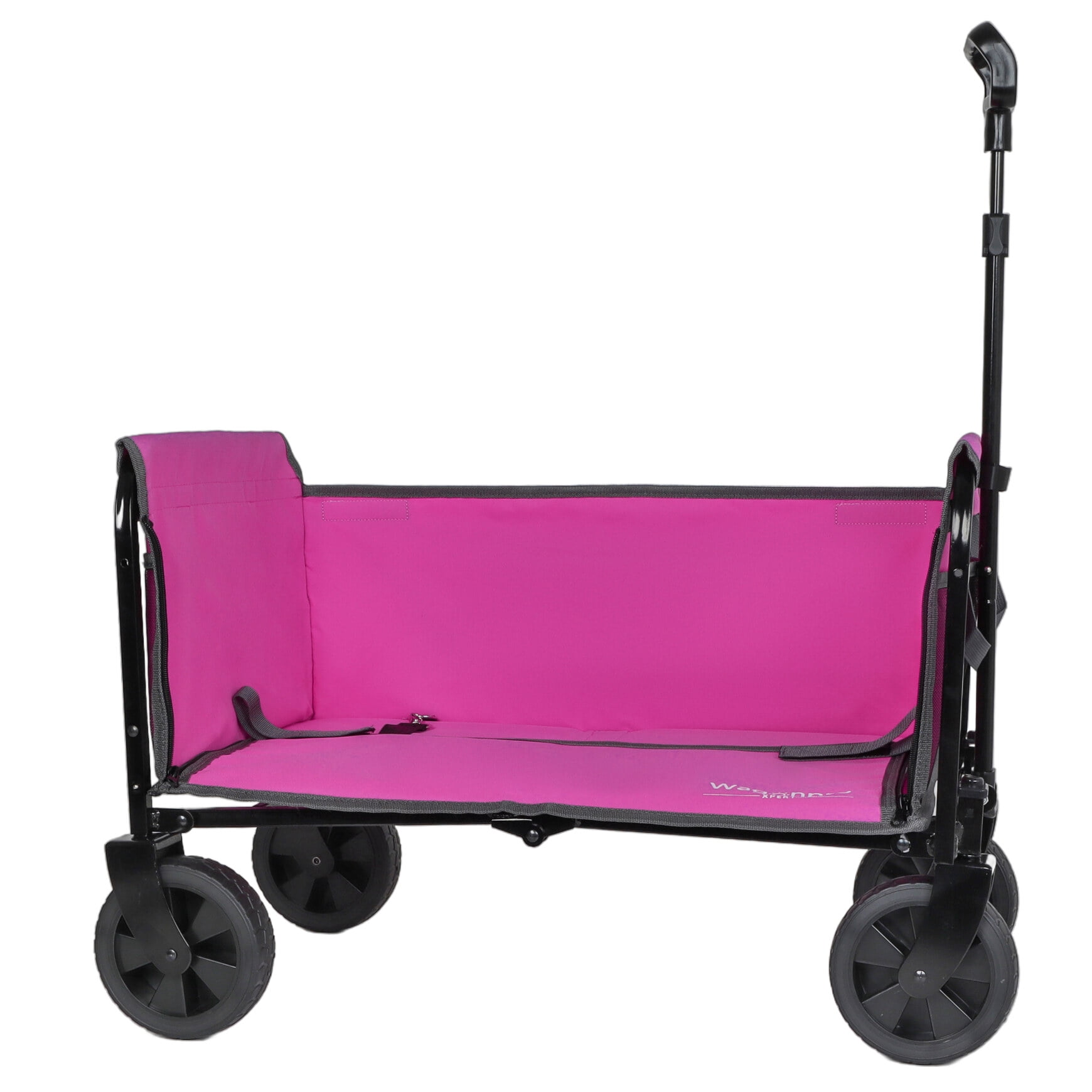 All-in-One Convertible Folding Wagon Cart with Bench Seat and Dog Leash, Heavy Duty Utility Trolley with All Terrain Wheels, Lightweight Shopping Cart for Beach, Garden, Camping, Sport, Pink