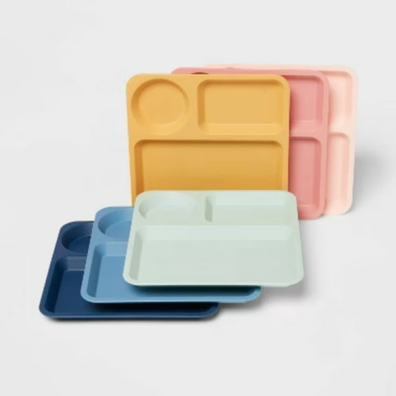 Kids' 6pc Basic Tray New Colors -  Multicolor Divided Plates, Dishwasher & Microwave Safe