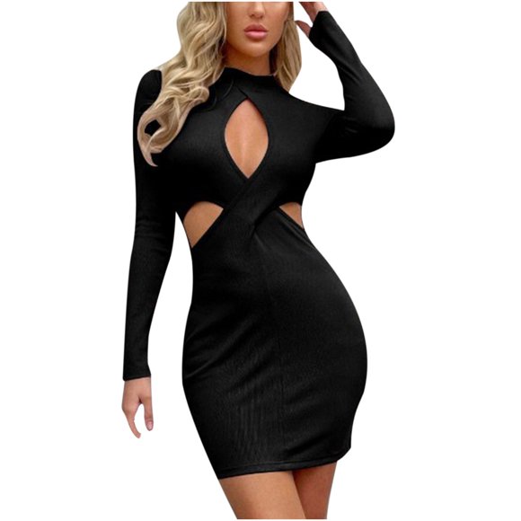 CEHVOM Women's Bandage Slim Hollow Out Long Sleeve Buttocks Sexy Dress