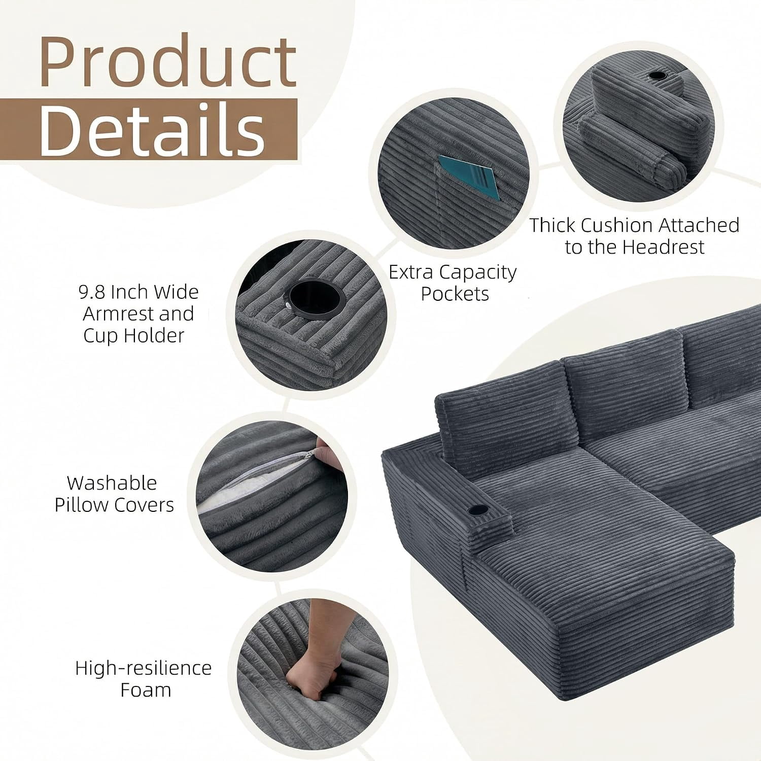 134" Compressible U Shaped Modular Sectional Sofa Set, Minimalist Corduroy Cloud Couch for Living Room, No Assembly Required