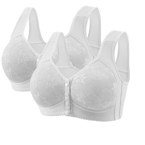 Karight 2-Pack Bras for Women Front Closure No Underwire Comfort Senior Wireless Front Snap Embroidered Lace Everyday Bra