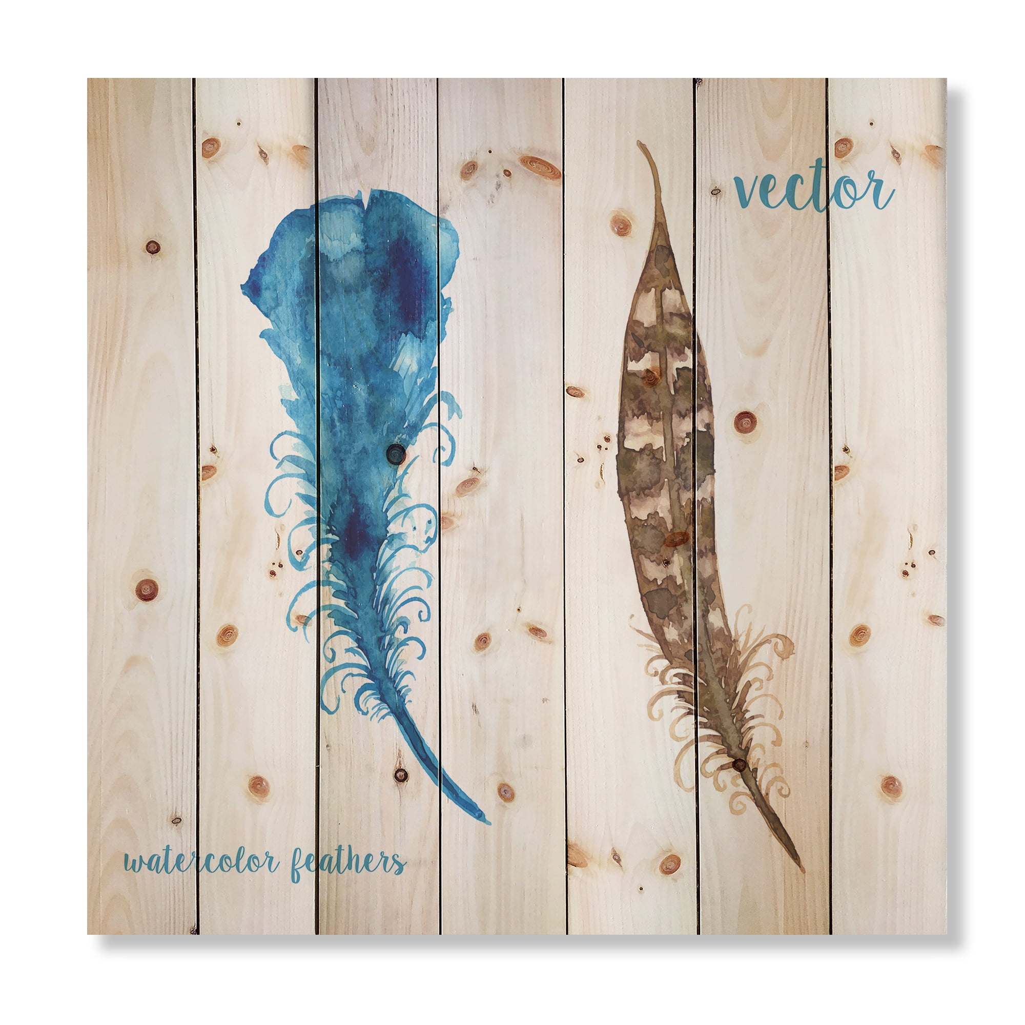 Designart 'Ethnic Boho Watercolor Feathers' Bohemian & Eclectic Print on Natural Pine Wood