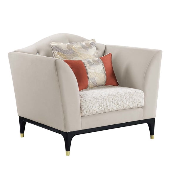 ACME Tayden Velvet Upholstered Tufted Chair with 3 Pillows in Beige/Black