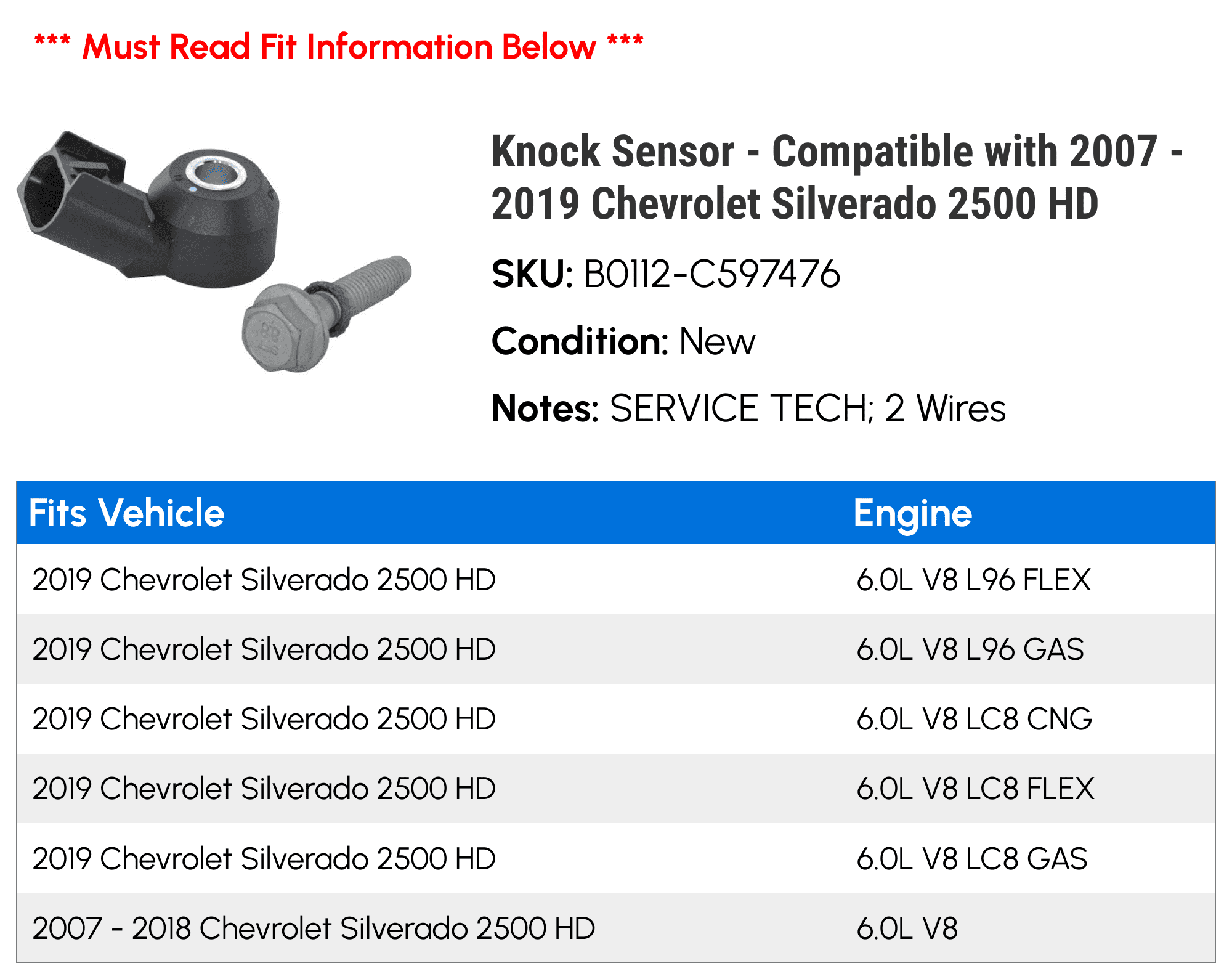 Knock Sensor - Compatible with 2007 - 2019 Chevy Silverado 2500 HD 2008 2009 2010 2011 2012 2013 2014 2015 2016 2017 2018