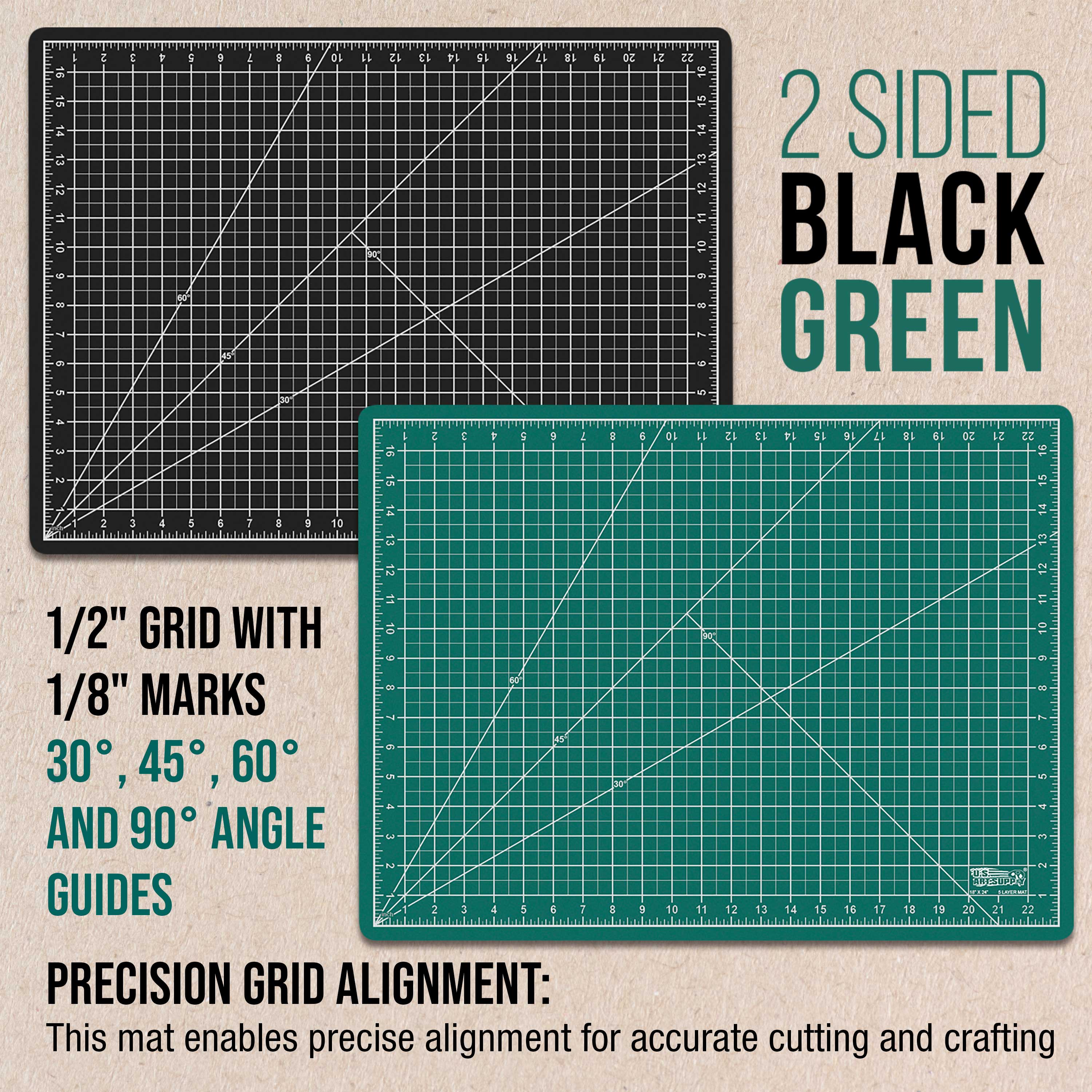U.S. Art Supply 18" x 24" Self-Healing Cutting Mat 5-Ply (2 Pack) - Double-Sided Green/Black Craft Mat, Non-Slip Cutting Mats for Crafts, Sewing, Quilting, Scrapbooking