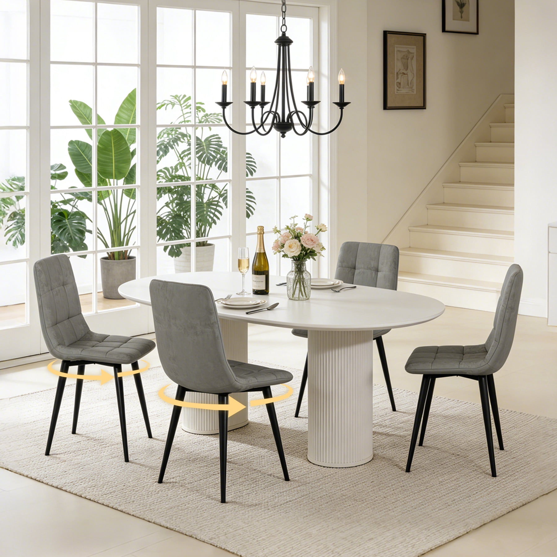 SHGJ&SOFT 360° Swivel Velvet Upholstered Dining Chairs Set of 4, Mid Century Modern Accent Chairs with L-Shaped Backrest, Adjustable Metal Legs for Kitchen Living Room(Gray1, 4pc)