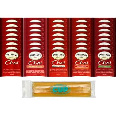 Twinings Chai Tea Bag Variety, 8 of each: Chai, Decaffeinated Chai, Ultra Spice, Spiced Apple, French Vanilla (Pack of 40) with By The Cup Honey Sticks