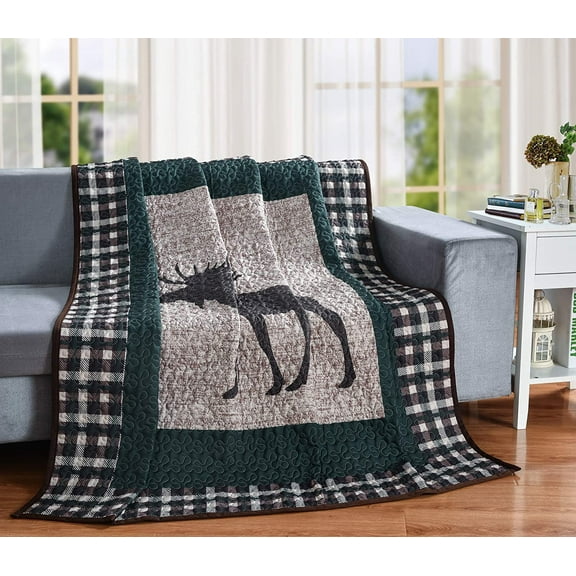 Moose Quilt Throw Blanket Lodge Cabin Mountain Style Bedding Bedspread Coverlet