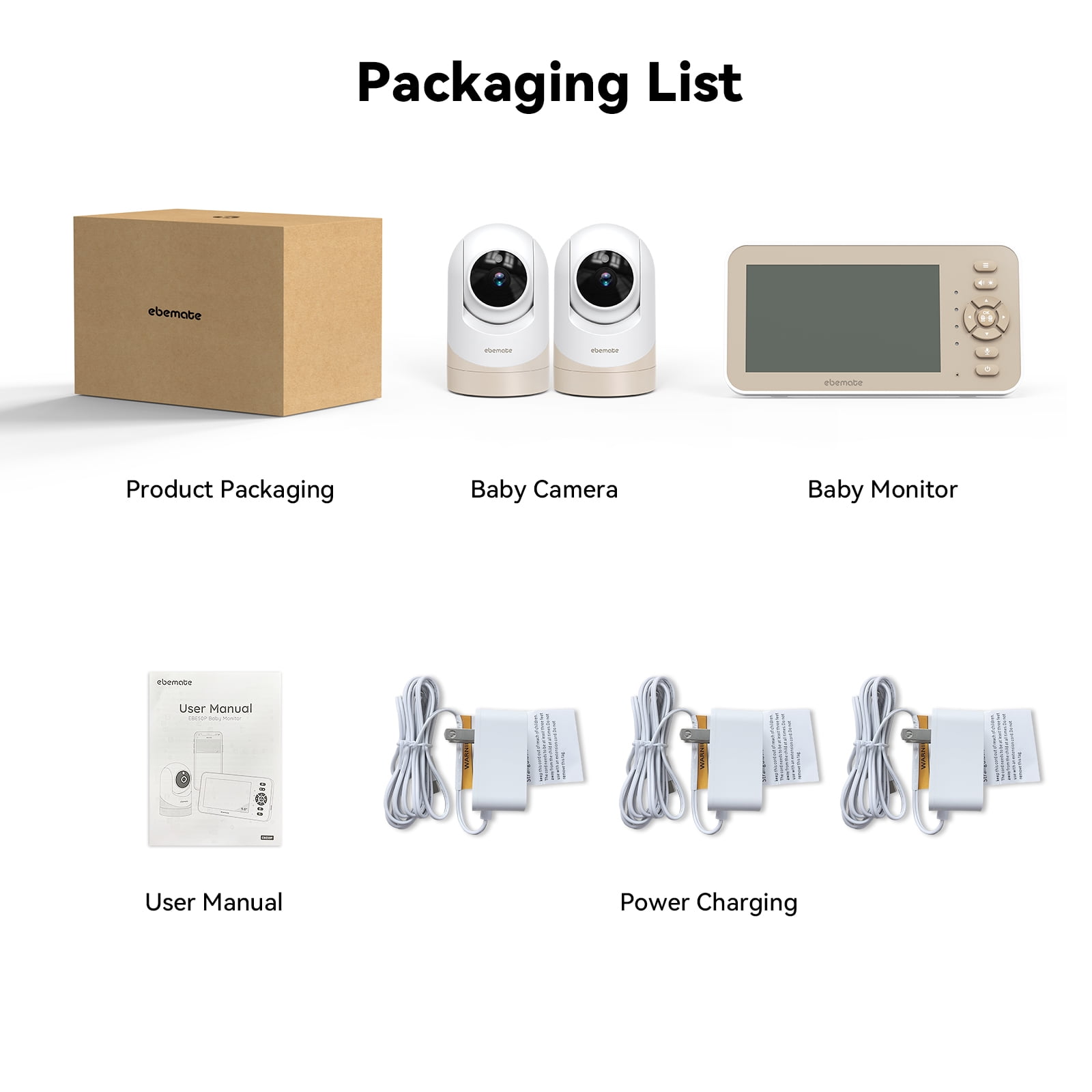 ebemate Video Baby Monitor Camera with Two Camera, 5" LCD Screen Video & Audio No Glow Night Vision,2-Way Talk Audio Cam Baby Monitoring 1500FT Range EBE50P-2