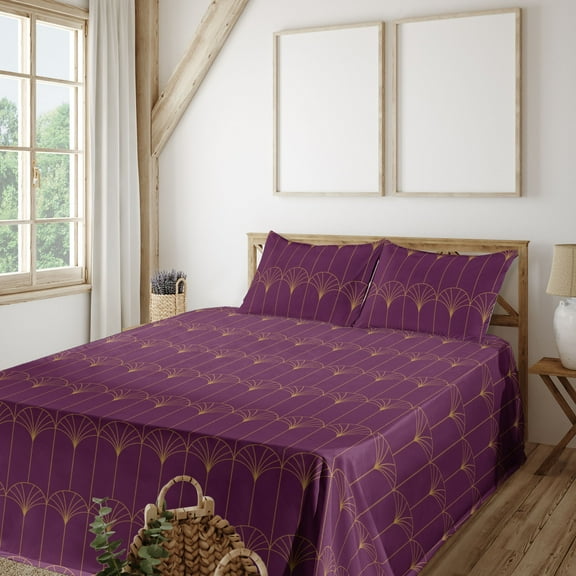 Ambesonne Art Deco Fitted & Flat Sheet with Sham 3 Pcs Set, Purple Simple Vintage Grid, Twin, Purple and Sand Brown