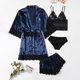 thumbnail image 2 of Gibobby Conjunto de pijama Conjunto de pijama largo para mujer, lencería de noche de seda con tapeta, camisetas y pantalones cortos para mujer, ropa de dormir informal(Azul oscuro,M), 2 of 4