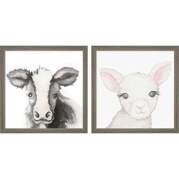 Great Art Now Calf Love & Baby Lamb by Elizabeth Medley, 2 Piece Framed Art Set Each 13"W x 13H
