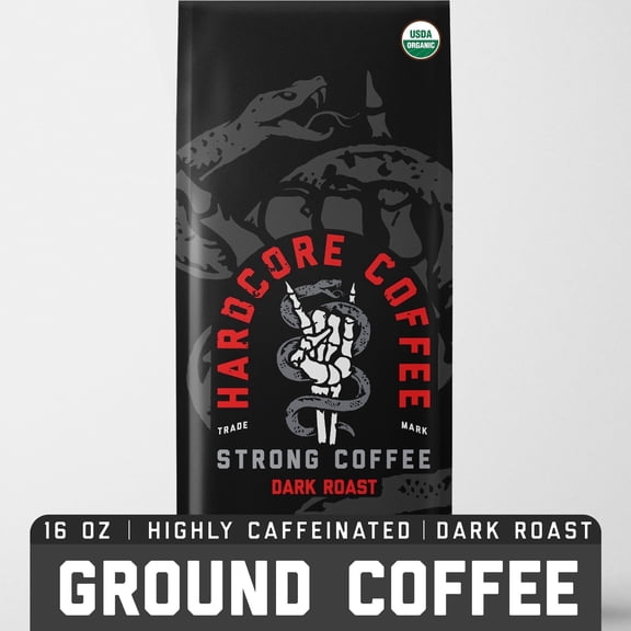 Hardcore Organic Coffee, Highly Caffeinated, Ground Coffee, Strong Dark Roast, 16 oz