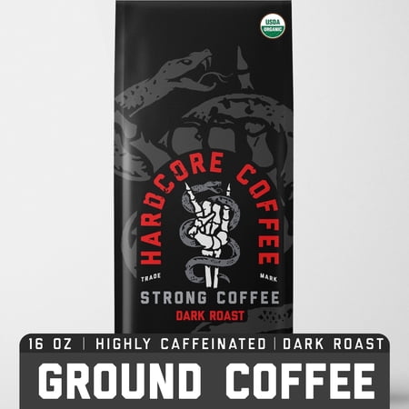 Hardcore Organic Coffee, Highly Caffeinated, Ground Coffee, Strong Dark Roast, 16 oz