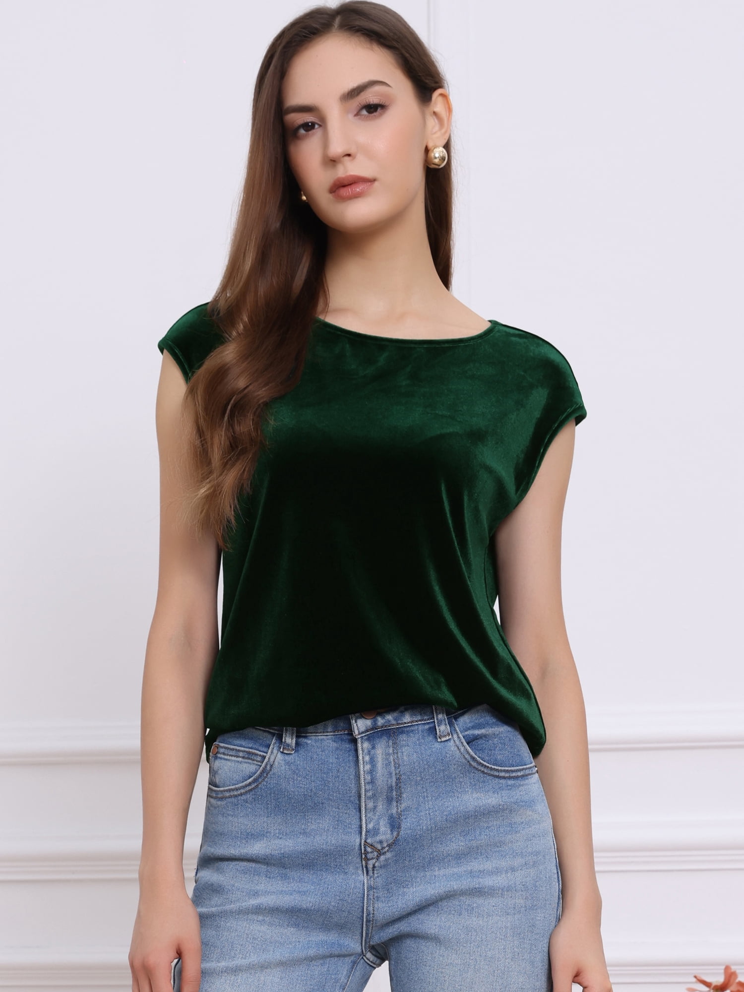 DARING DIVA Women's Velvet Christmas Party Crew Neck Cap Sleeve Top M Dark Green
