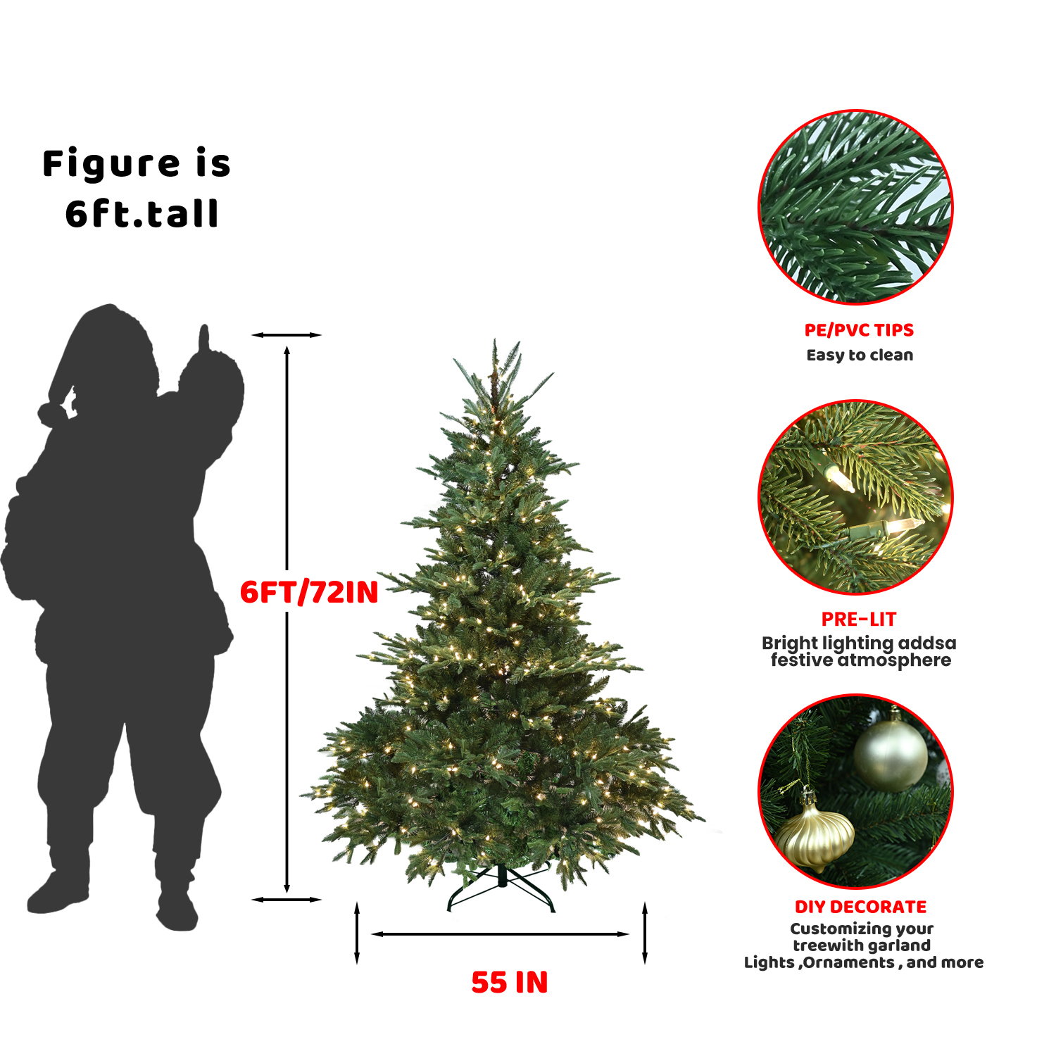 Hommoo 6FT Christmas tree,1763 tips,500 warm white lights,PE+PVC mixed material,Hinge design with metal stand, Green