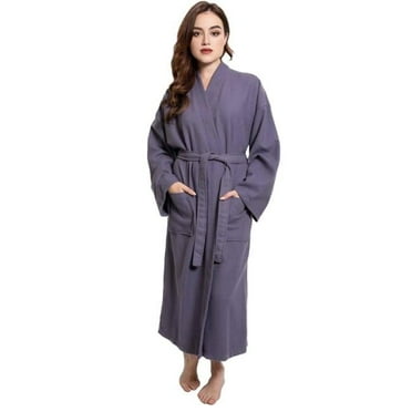 Towelsoft WM-Wfl-Km-Rbs-Lng-GRY-OS 100 Percent Turkish Cotton Womens Waffle Kimono Bathrobe, Gray - One Size
