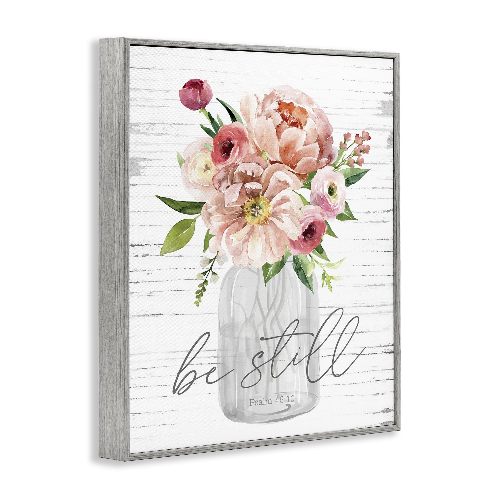 Stupell Industries Pink Be Still Bouquet Religious Painting Gray Framed Art Print Wall Art, 11 x 14