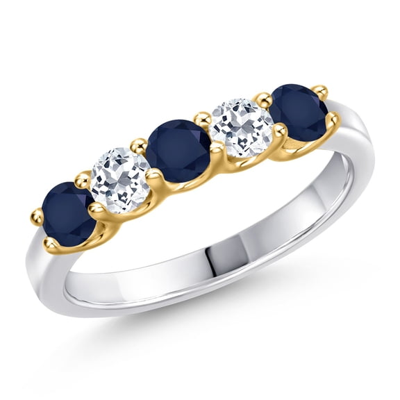 Gem Stone King 925 Silver and 10K Yellow Gold Blue Sapphire and White Topaz Wedding-Bands Ring for Women | 1.09 Cttw | Round 3.5MM | Gemstone September Birthstone | Size 5