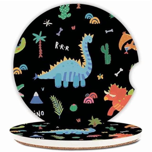 wonima02 Cute Dinosaur Cup Holders Car Coasters Set for Women/Men,2.56" 2 Pack Universal Auto Anti Slip Coaster with A Finger Notch,Ceramic Stone with a Finger Notch for Easy Move.
