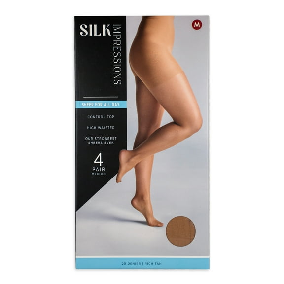 Silk Impressions 20 Denier Sheer Tights and Control Top Pantyhose for Women, Sizes S-3XL, 4-Pack