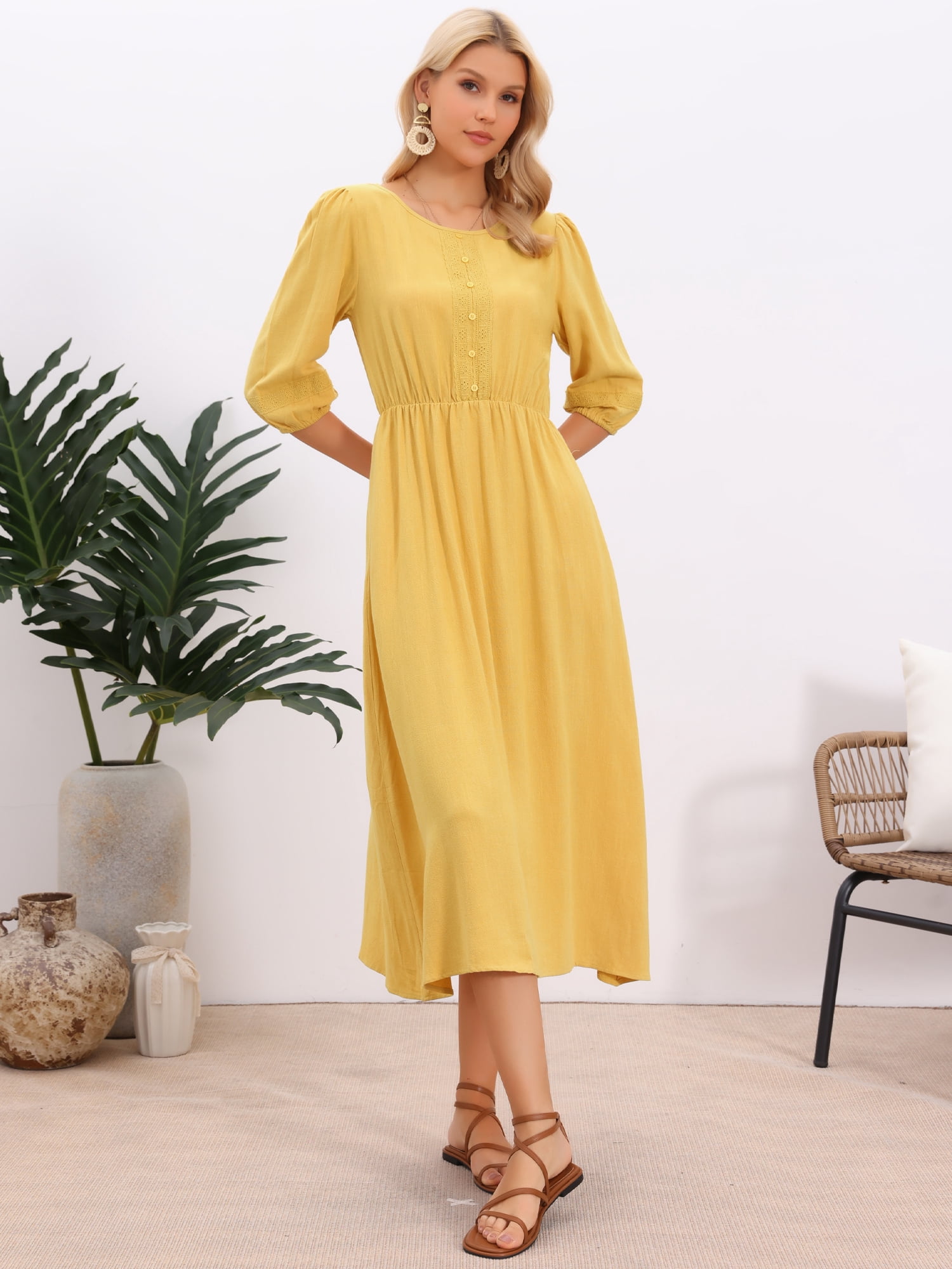 DARING DIVA Women's Boho Midi Casual Crew Neck Crochet Panel 3/4 Sleeve Dress XL Yellow
