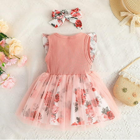 

Aayomet Flower Girl Dresses Toddler Girls Sleeveless Floral Prints Tulle Ribbed Princess Dress Clothes Pink 18-24 Months