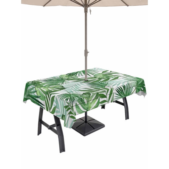 Outdoor Tablecloth with Umbrella Hole for Patio/Picnic/Party/Camping, Monstera Leaves Waterproof Table Cloth Rectangle Table Cover Washable, Summer Palm Leaf Botanical Wooden Grey (54"x 80")