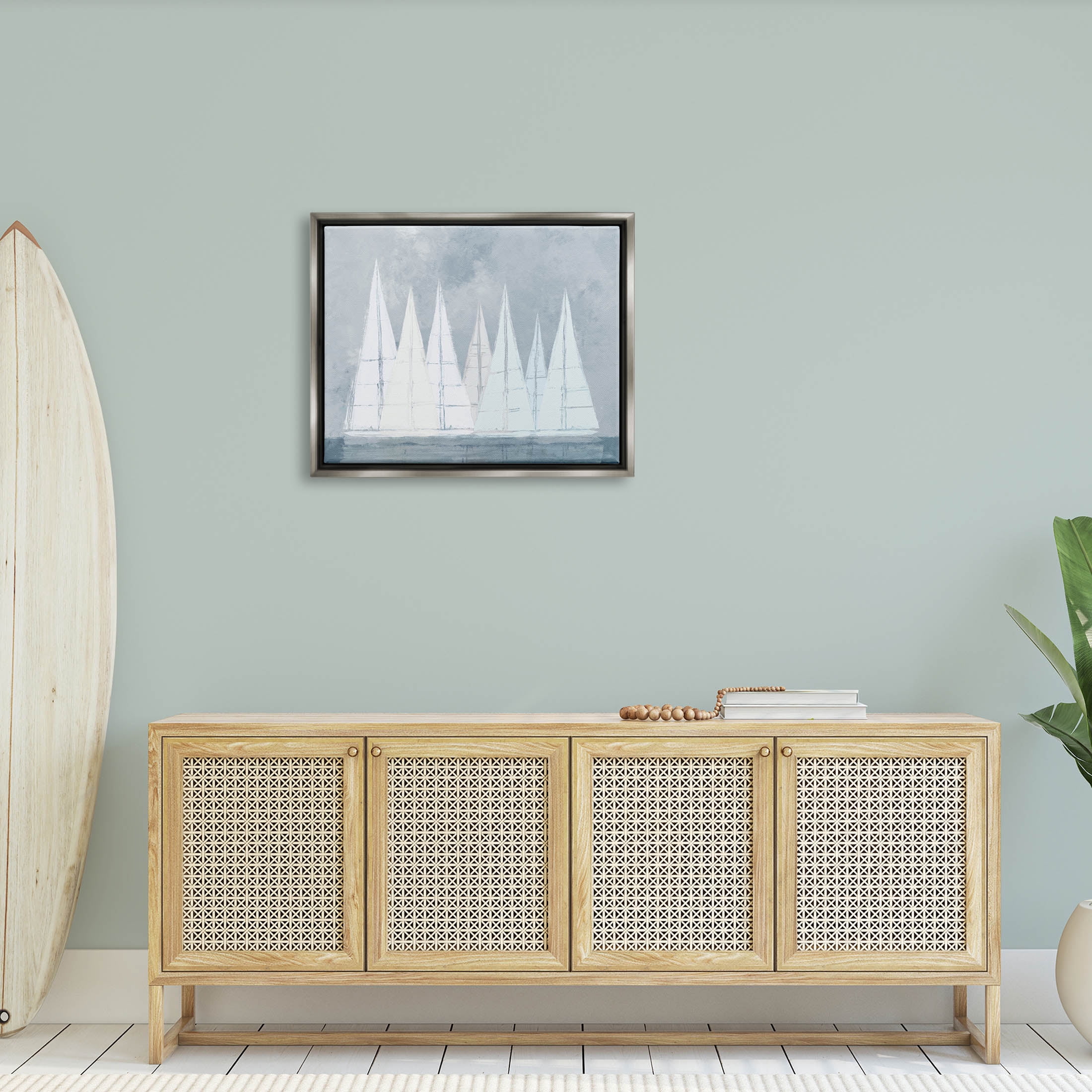 Modern Geometric Sailboats Floating Transportation Painting Luster Gray Framed Art Print Wall Art