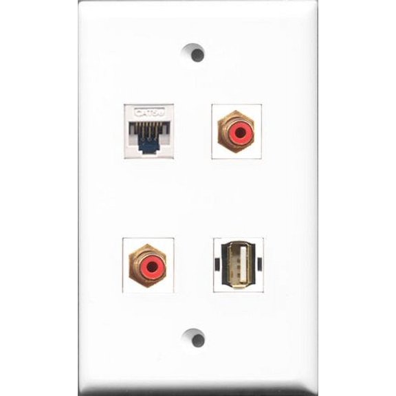 RiteAV - 2 Port RCA Red and 1 Port USB A-A and 1 Port Cat5e Ethernet White Wall Plate